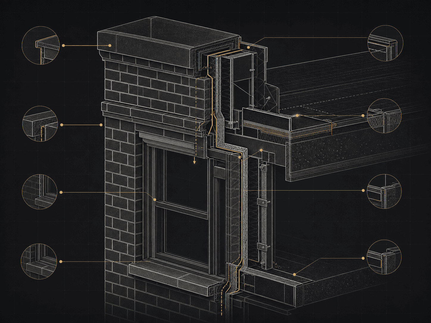 Technical building envelope graphic showing exterior restoration systems