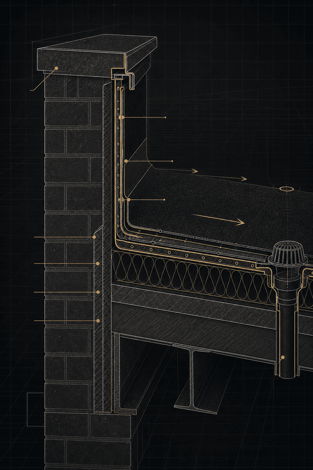 Technical roof and waterproofing section graphic